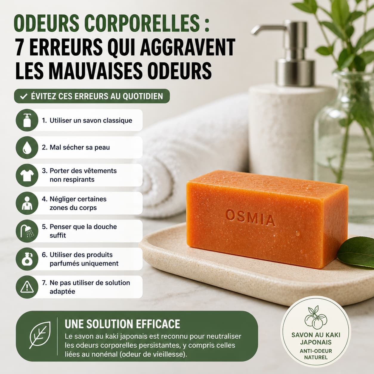 7 erreurs odeur corporelle persistante comment éviter mauvaises odeurs savon au kaki japonais efficace